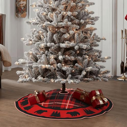 Faux Linen Christmas Tree Skirt Black Bear Red & Black Cabin Plaid 48" - Rustic Holiday Decor