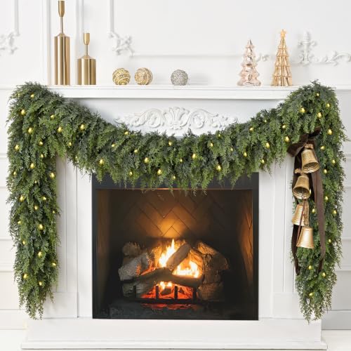 9FT Artificial Cedar Christmas Garland with Pre-Lit Warm LED Lights - Green / 9FT / 1 Piece