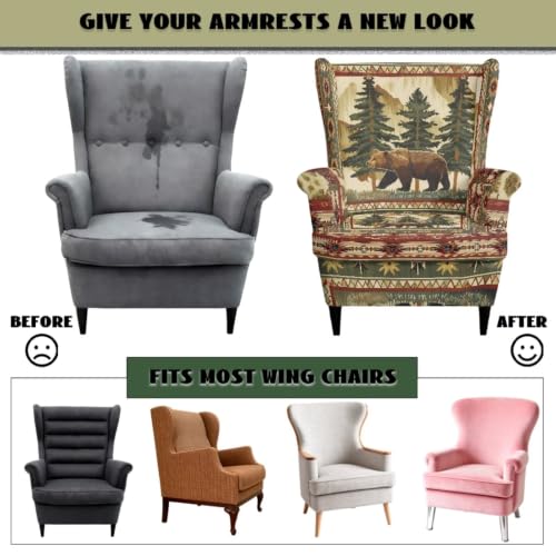Tribal Mountain Bear Wingback Chair Slipcover with Ottoman Set - Protective Furniture Cover