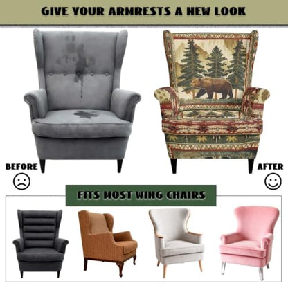 Tribal Mountain Bear Wingback Chair Slipcover with Ottoman Set - Protective Furniture Cover