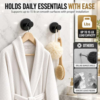 Black Suction Cup Shower Hooks 2-Pack - Bathroom Robe & Towel Hangers