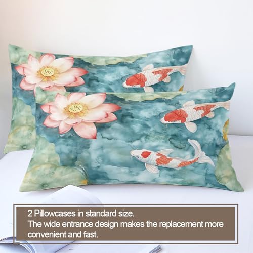 Koi Fish Duvet Cover Cal King Watercolor Lotus Bedding Set 3 Piece - Variation 54