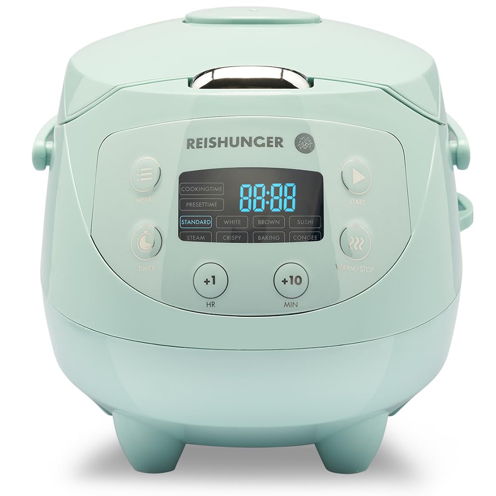 Reishunger Digital Mini Rice Cooker & Steamer, Mint with Keep-Warm Function & Timer - 3.5 Cups - Small Rice Cooker Japanese Style with Ceramic Inner Pot - 8 Programs - 1-3 People