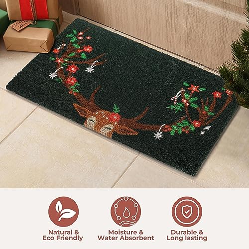 Reindeer Christmas Door Mat - 16 x 28 Inches Natural Coir Rug, Rustic Holiday Decor