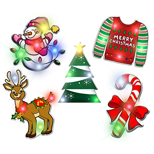 Christmas LED Light Up Lapel Pins Set of 5 - Snowman, Tree, Reindeer, Candy Cane