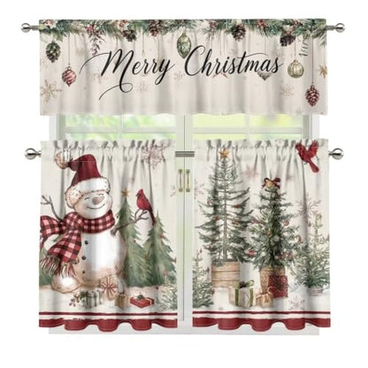 Christmas Snowman Kitchen Curtain Set with Valance and Panels - Variation of Xmas Snowman Cardinal / 27.5"W x 24"L