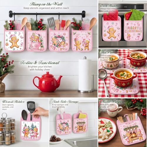Christmas Pot Holders with Pockets - Pink Gingerbread Holiday Kitchen Accessories
