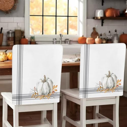 Set of 4 Fall Pumpkin Chair Covers - White & Grey Halloween & Thanksgiving Decor