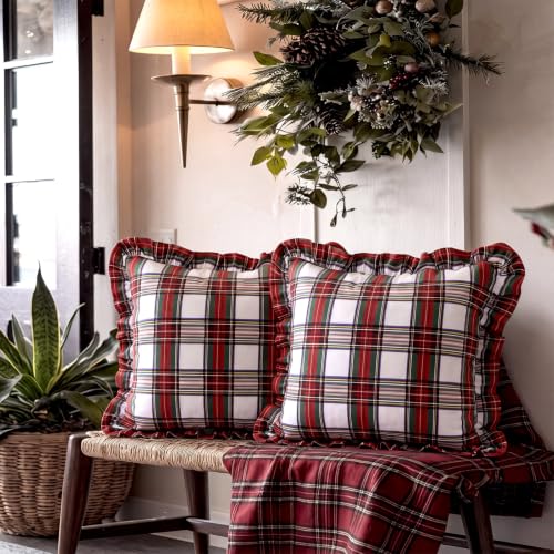 Irenare 2-Pack Christmas Plaid Ruffled Pillow Covers 18x18 in - Red & Green Scottish Tartan, Hidden Zipper