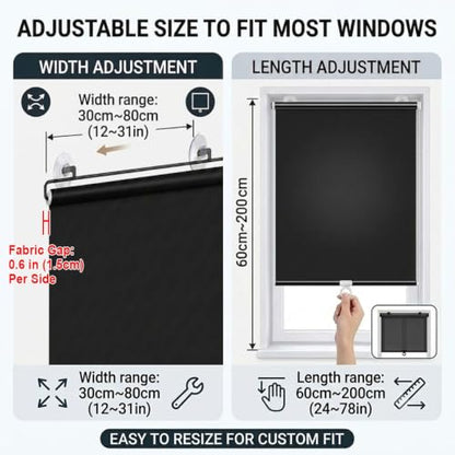 Blackout Window Shade with Suction Cups - No Drill, 30W x 78H - Black / Silver