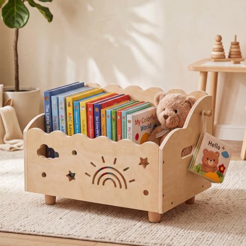 Natural Montessori Toddler Bookshelf with Rainbow & Cloud Cutouts - Wooden Childrens Storage