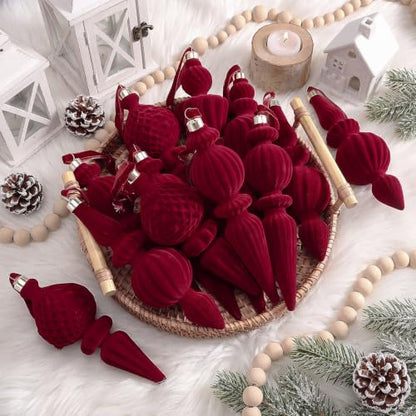 8 Pcs Burgundy Velvet Finial Christmas Tree Ornaments - Elegant Holiday Decor