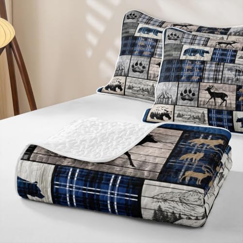 Feelyou Rustic Cabin Quilt Set for All Season Queen Size Blue Gray Bear Deer Wildlife Bedding