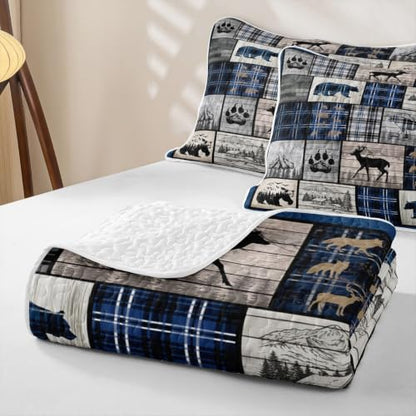 Feelyou Rustic Cabin Quilt Set for All Season Queen Size Blue Gray Bear Deer Wildlife Bedding