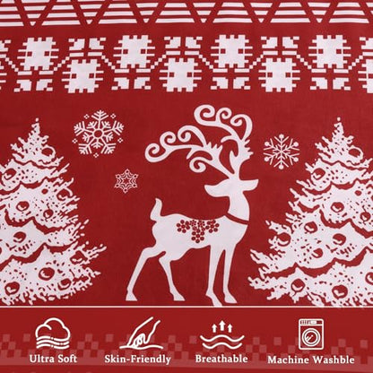 Christmas Reindeer Duvet Cover King Size - Red & White Microfiber Bedding Set with Reversible Holiday Print - STARBEDIA