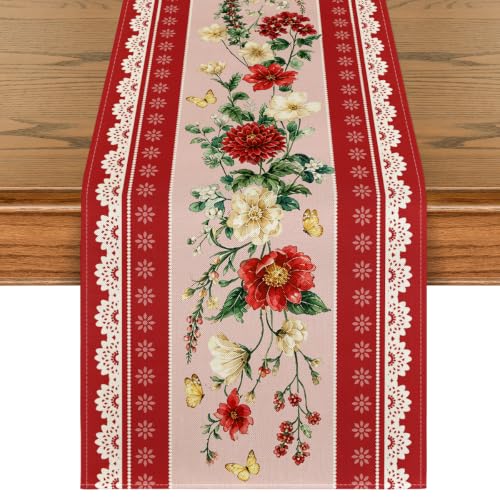 Red 13x36 Inch Printed Lace Floral Table Runner for Home & Party Decor