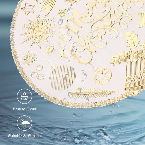 Christmas Placemats Set of 6 - Gold Merry Christmas Round Vinyl Easy Clean 15 Inch
