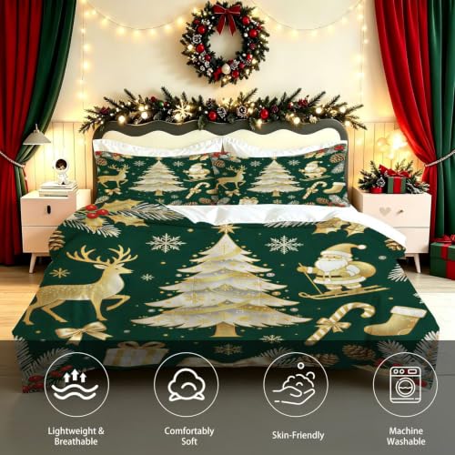 Christmas Comforter Set Queen Size - Gold Reindeer Tree Bedding 3 Pcs - Holiday Bedding