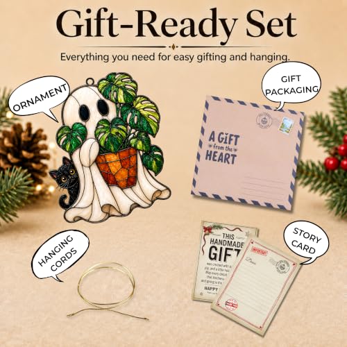 Halloween Ghost Monstera Ornament - Cat Variation, Flat Acrylic Decor, 3.94 Inch