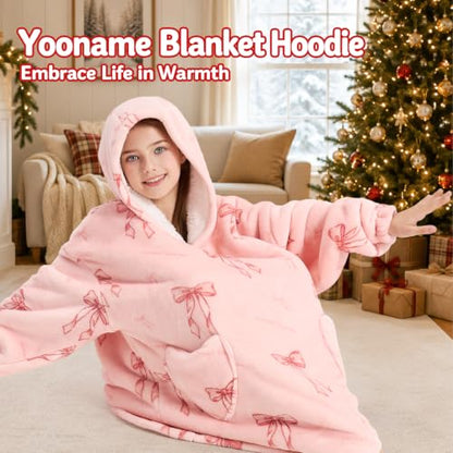 Pink Bow Wearable Blanket Hoodie for Kids 6-13 Years Oversized Christmas Gift