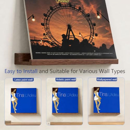 Wall Mount Vinyl Record Shelf - 6 Pcs Rubberwood, Dark Brown Finish