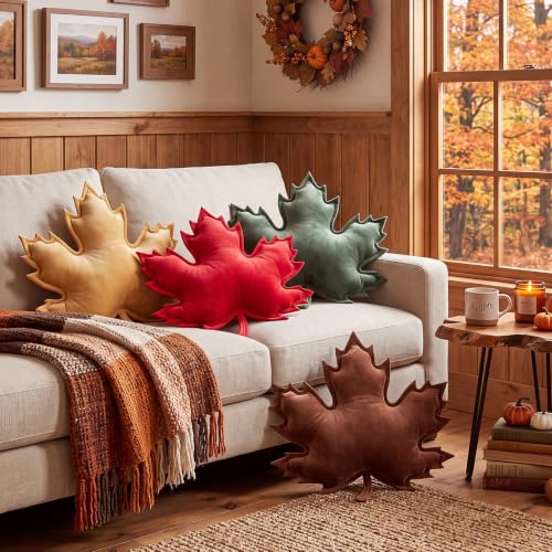 Fall Maple Leaf Plush Throw Pillow Set - Autumn Home Decor 4 Pieces