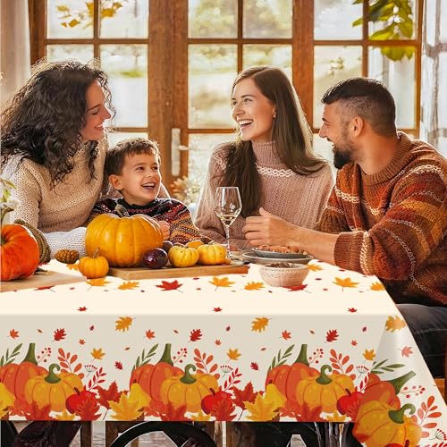 Thanksgiving Disposable Tablecloths Pumpkin Maple Leaf Pattern 3 Pack 54x108 Inches - Fall Party Decor