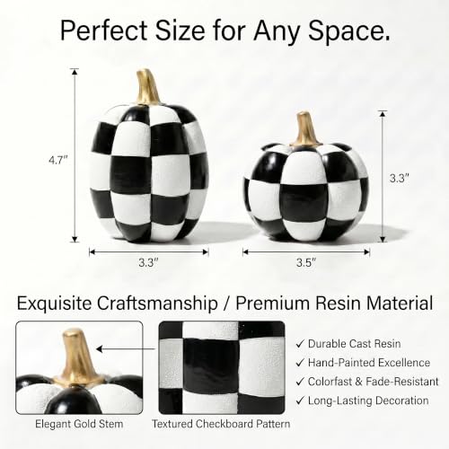 Black and White Checkered Pumpkins with Gold Stem Set of 2 Halloween Decor