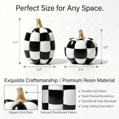 Black and White Checkered Pumpkins with Gold Stem Set of 2 Halloween Decor