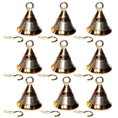 Brass Pooja Bells with J Hook - 2 Inch Hanging Wall Ornaments, Silver & Gold (12) - Christmas Decor