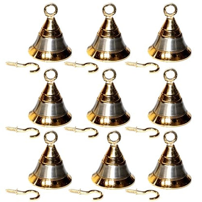 Brass Pooja Bells with J Hook - 2 Inch Hanging Wall Ornaments, Silver & Gold (12) - Christmas Decor