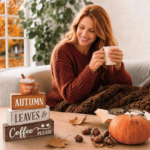 Fall Tiered Tray Decor Set with Pumpkin Latte - Wooden Autumn Decorations