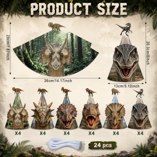 Dinosaur Party Cone Hats 24 Pack - Dino Theme Birthday Decorations