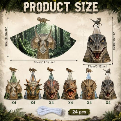 Dinosaur Party Cone Hats 24 Pack - Dino Theme Birthday Decorations