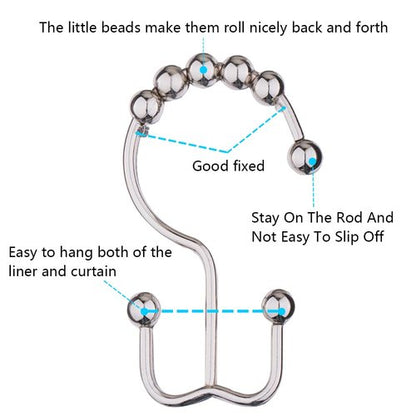 DAWNER Shower Curtain Hooks, Rust Proof Metal Easy Glide Double Rings, Stainless Steel Hangers for Bathroom Curtains, Set of 12, Brushed Nickel