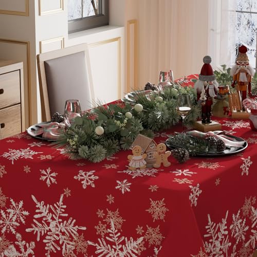 Winter Red Snowflakes Square Tablecloth 60x60 Inch Washable Christmas Decor