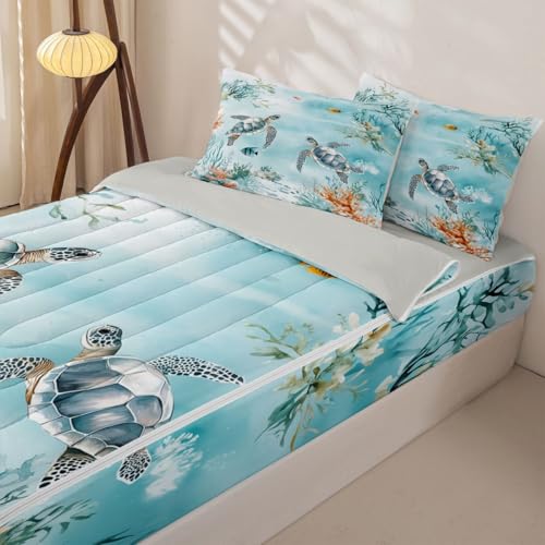 Kids Ocean Beach Zipper Bedding Set Queen Light Blue Grey - Microfiber Comforter & Fitted Sheet