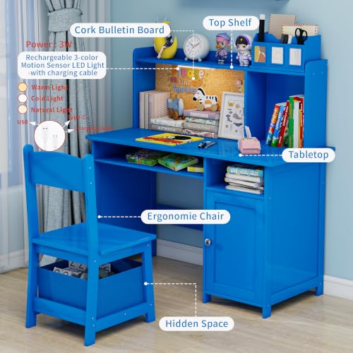 Kids Desk and Chair Set with Cork Board & Removable LED Light - Blue Plus