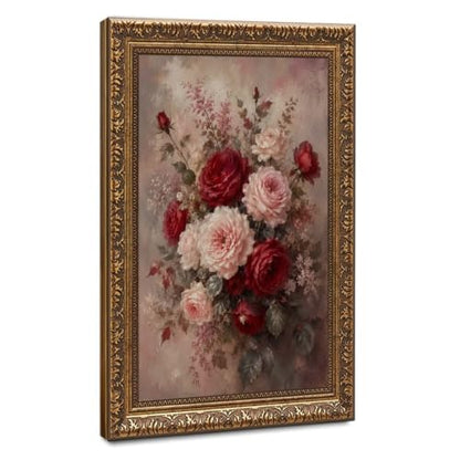 Vintage Gold Frame Canvas Wall Art - Red & Blush Rose Bouquet, 16"x24"