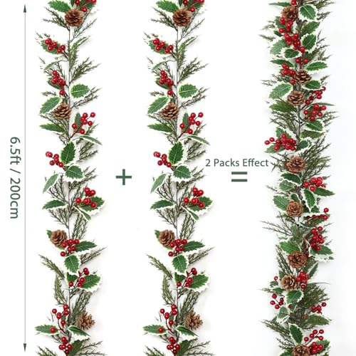 Cedar Christmas Garland 13FT - 2 Pack Artificial Holly Pine Cones & Berry Decor