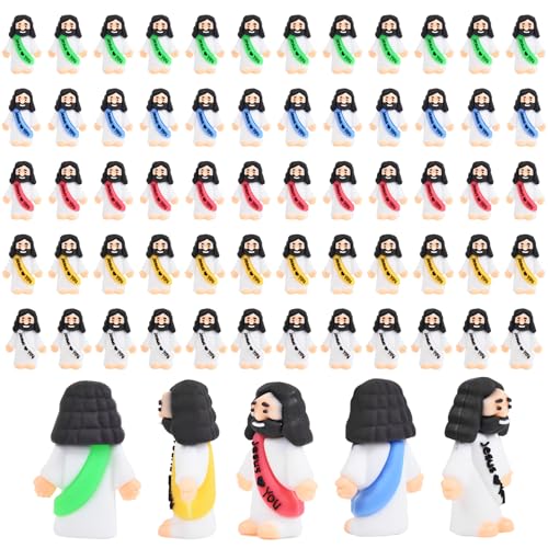 nedeqi 60 PCS Little Jesus Figures, Mini Jesus Figurines in Bulk, Tiny Pocket Rubber Jesus Love You Figure for Religious Party Favors, Baptism Gift, Easter Egg Stuffers (60)