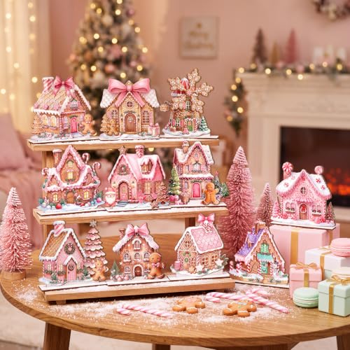Pink Gingerbread Christmas Decor Candy House Village Set - 12 Pieces, Seasonal Tabletop Display