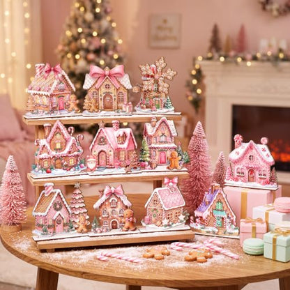 Pink Gingerbread Christmas Decor Candy House Village Set - 12 Pieces, Seasonal Tabletop Display