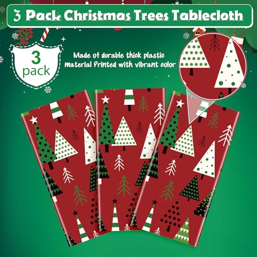Red Christmas Tree Tablecloth 54x108 Inch 3 Pack Waterproof Disposable Holiday Decor