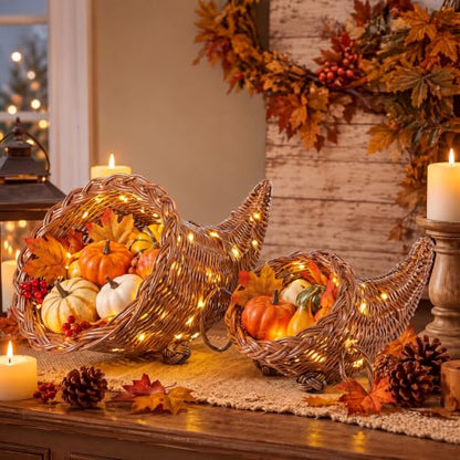 2 Pack Woven Rattan Cornucopia Basket with LED String Lights - Farmhouse Thanksgiving Decor