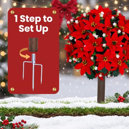 Artificial Poinsettia Christmas Topiary Trees Set - Red, 24.8 Inches with Metal Spikes