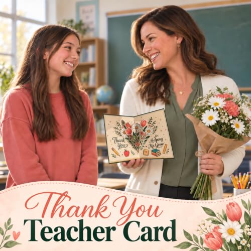 Teacher Appreciation Pop Up Greeting Card with Floral Design - Thank You for Educators