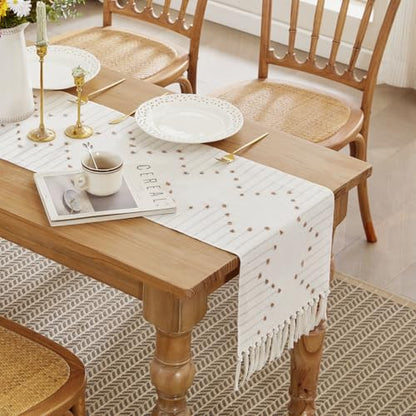 Wracra Boho Table Runner Taupe/Ivory 14x108 Inches Woven Rustic Decor