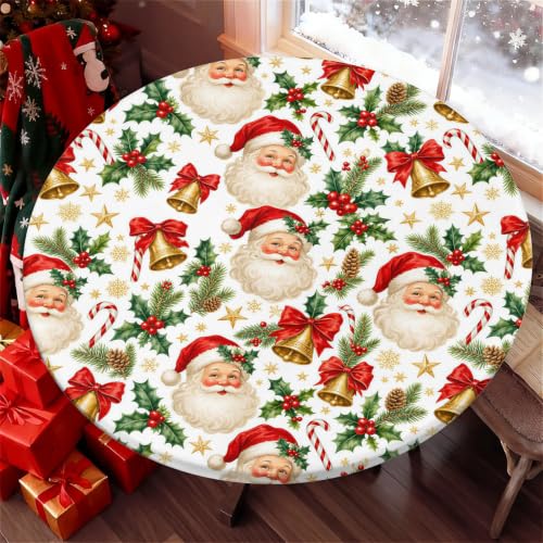 Santa Bells Round Fitted Christmas Tablecloth 65 Inch Waterproof Elastic Edge