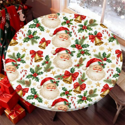 Santa Bells Round Fitted Christmas Tablecloth 65 Inch Waterproof Elastic Edge